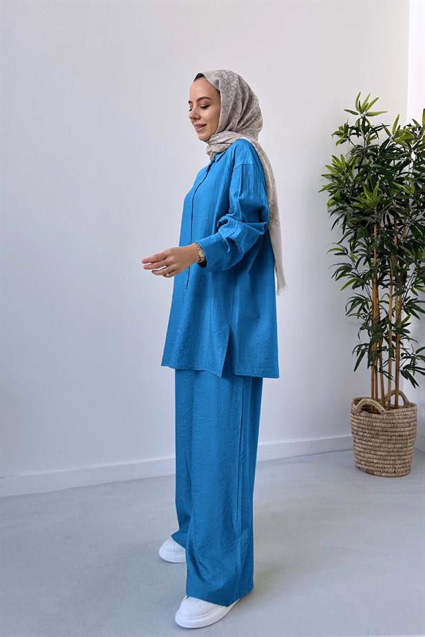 Bol Paça Gömlek&Pantolon Takım - Mavi