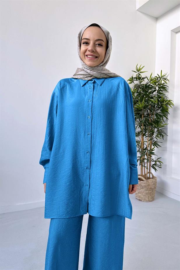 Bol Paça Gömlek&Pantolon Takım - Mavi