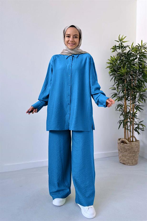 Bol Paça Gömlek&Pantolon Takım - Mavi