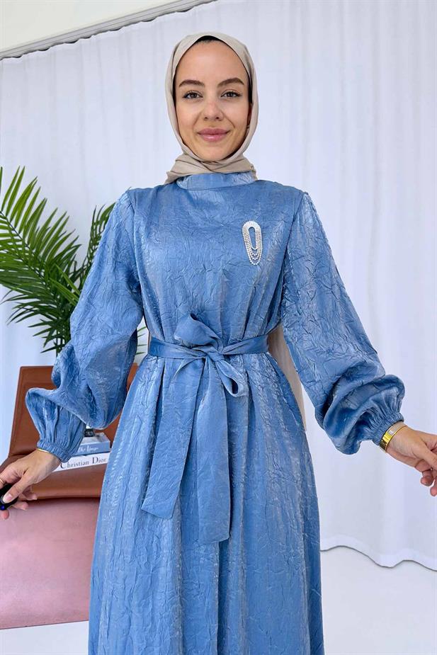 Broş Detay Elbise - Mavi