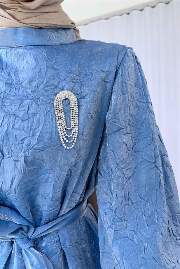 Broş Detay Elbise - Mavi