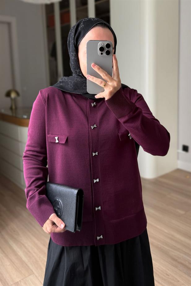 Broş Detay Merserize Hırka - Mürdüm