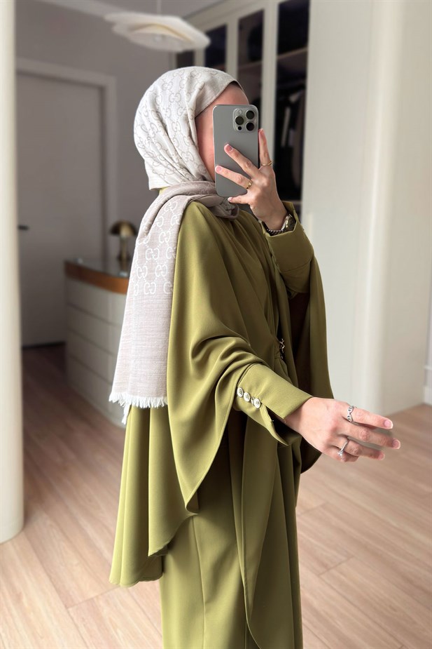 Broş Detaylı Drapeli Üçlü Şal Takım - Yağ Yeşili