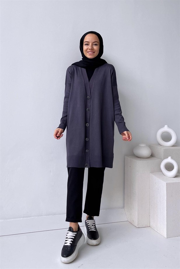 Button Fitilli Merserize Hırka - Antrasit