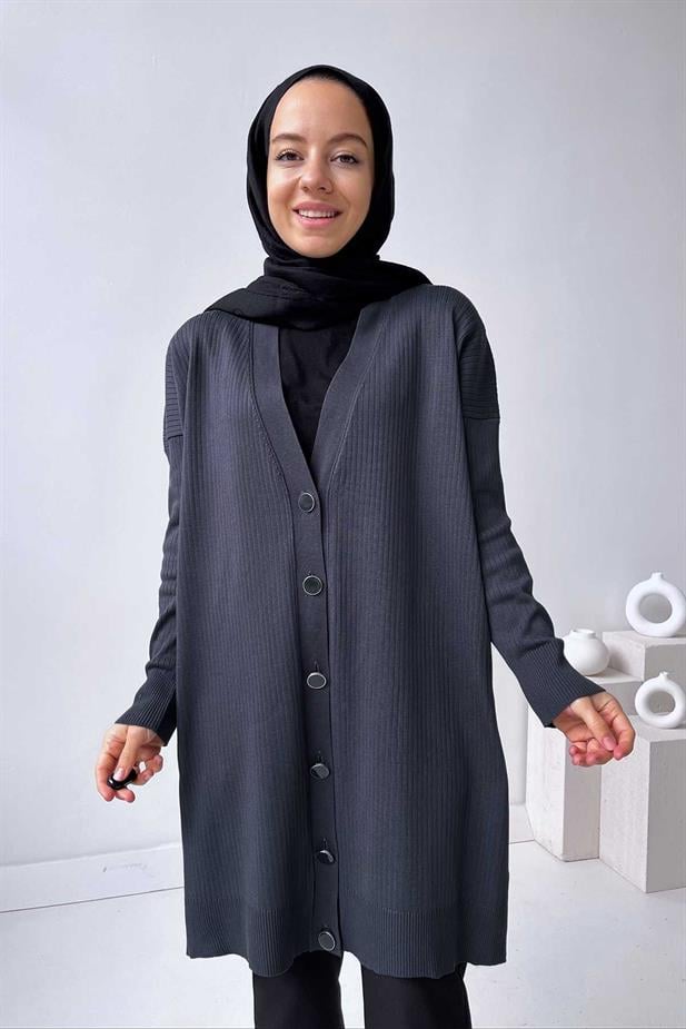 Button Fitilli Merserize Hırka - Antrasit