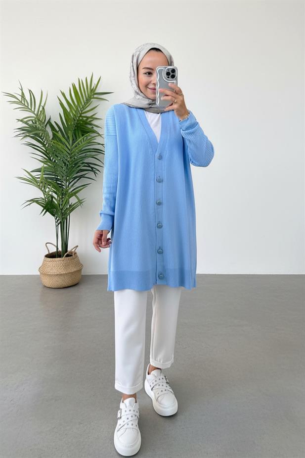 Button Fitilli Merserize Hırka - Bebe Mavi