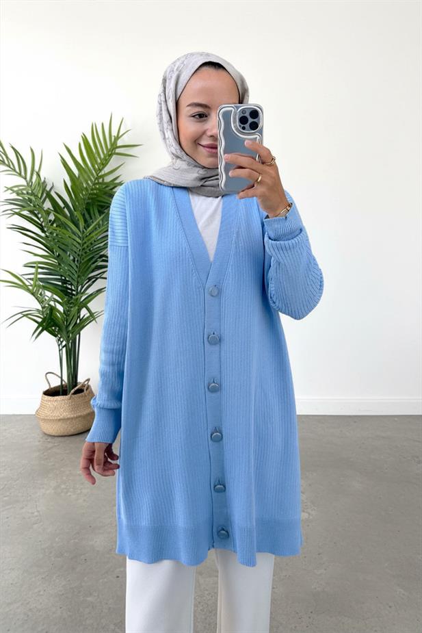 Button Fitilli Merserize Hırka - Bebe Mavi