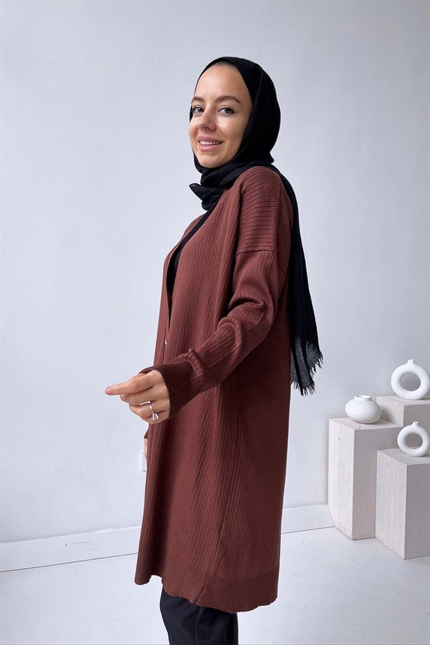 Button Fitilli Merserize Hırka - Kahverengi