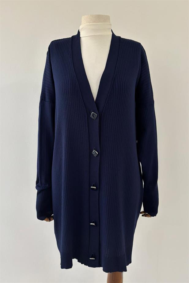 Button Fitilli Merserize Hırka - Lacivert