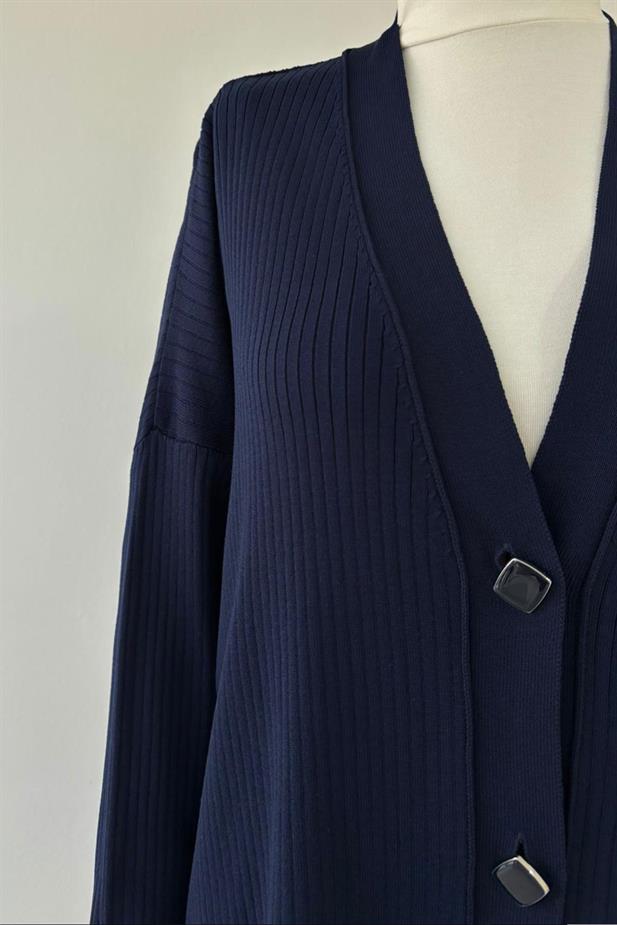 Button Fitilli Merserize Hırka - Lacivert