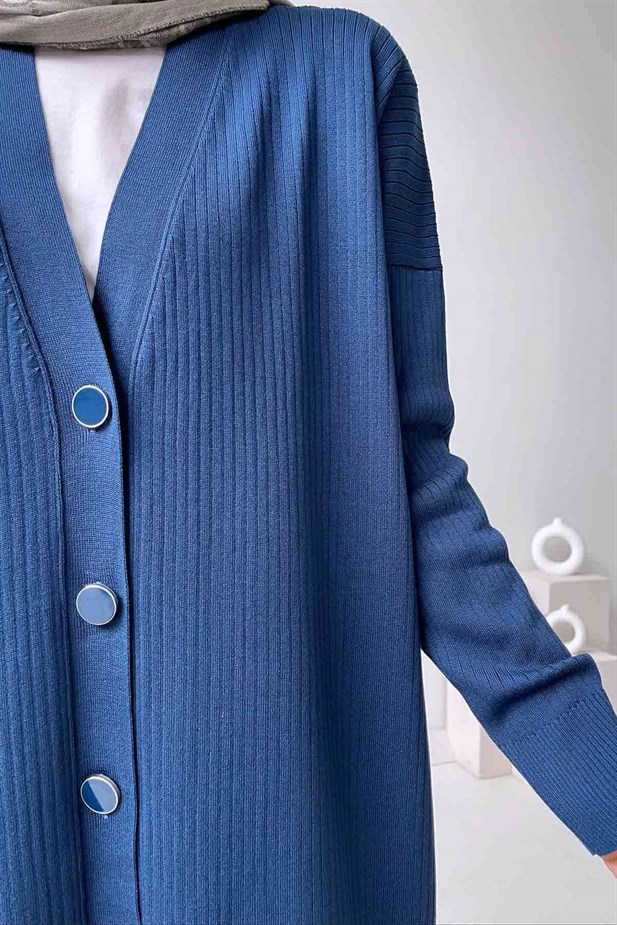 Button Fitilli Merserize Hırka - Petrol Mavi