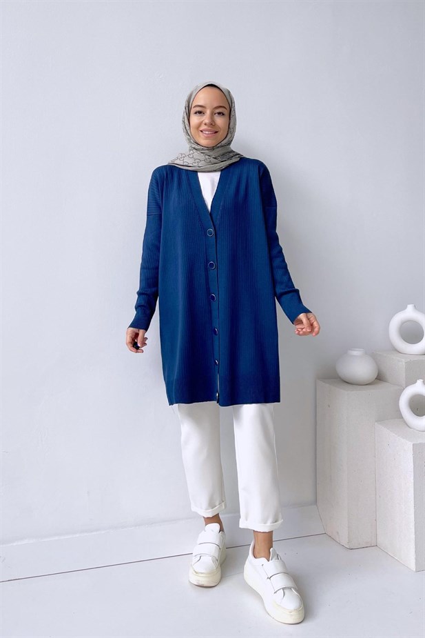 Button Fitilli Merserize Hırka - Petrol Mavi