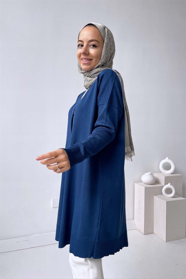 Button Fitilli Merserize Hırka - Petrol Mavi