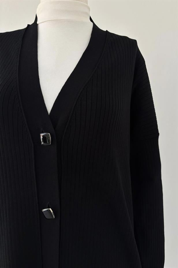 Button Fitilli Merserize Hırka - Siyah