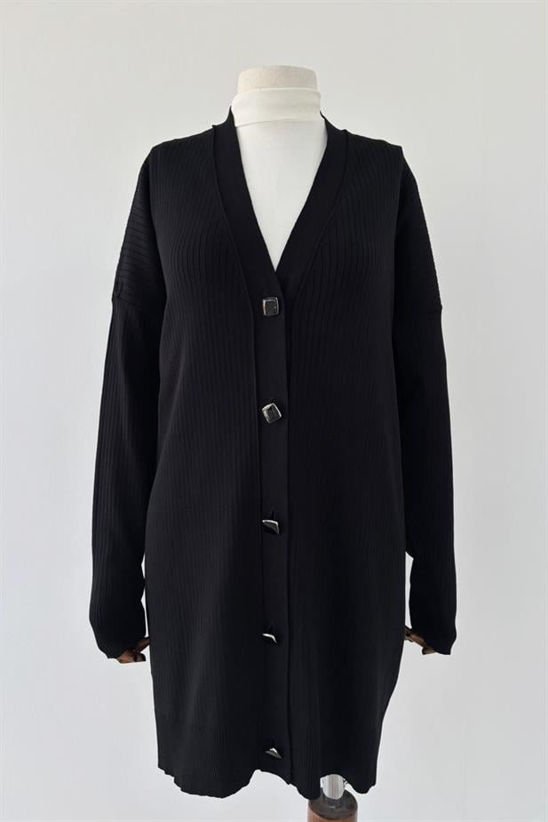 Button Fitilli Merserize Hırka - Siyah