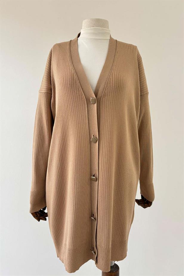 Button Fitilli Merserize Hırka - Sütlü Kahve