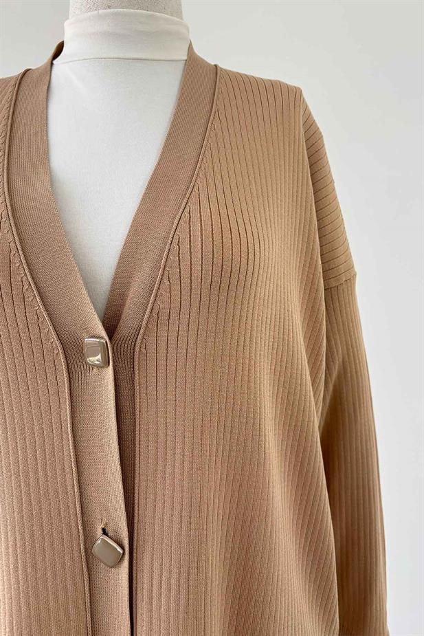 Button Fitilli Merserize Hırka - Sütlü Kahve