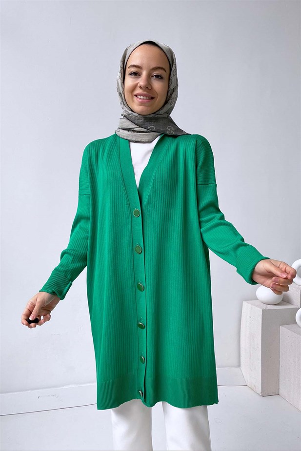 Button Fitilli Merserize Hırka - Yeşil