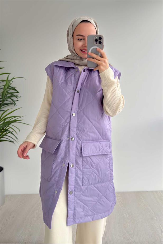 Cep Detay Kapitone Yelek - Lila