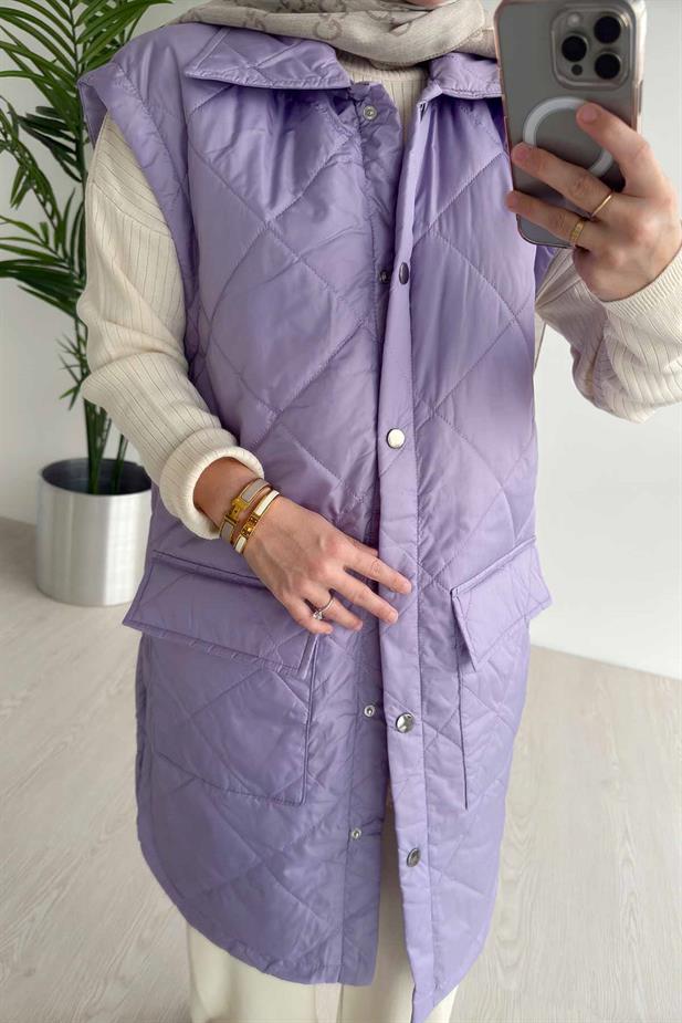 Cep Detay Kapitone Yelek - Lila