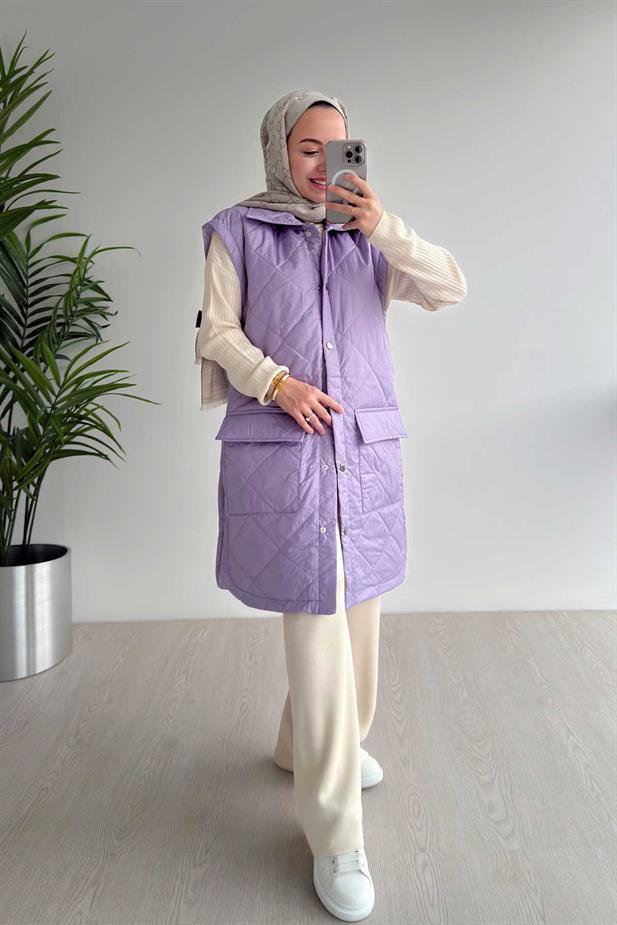 Cep Detay Kapitone Yelek - Lila