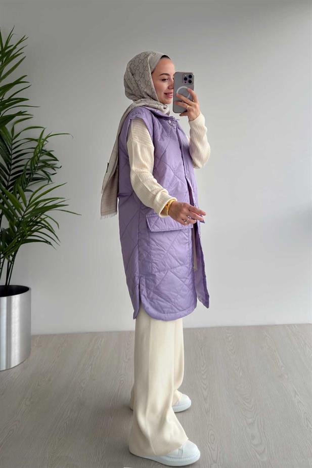 Cep Detay Kapitone Yelek - Lila