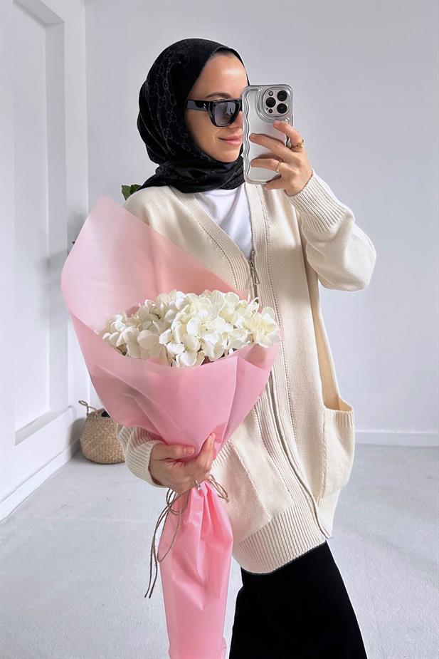 Cepli Fermuarlı Triko Hırka - Bej