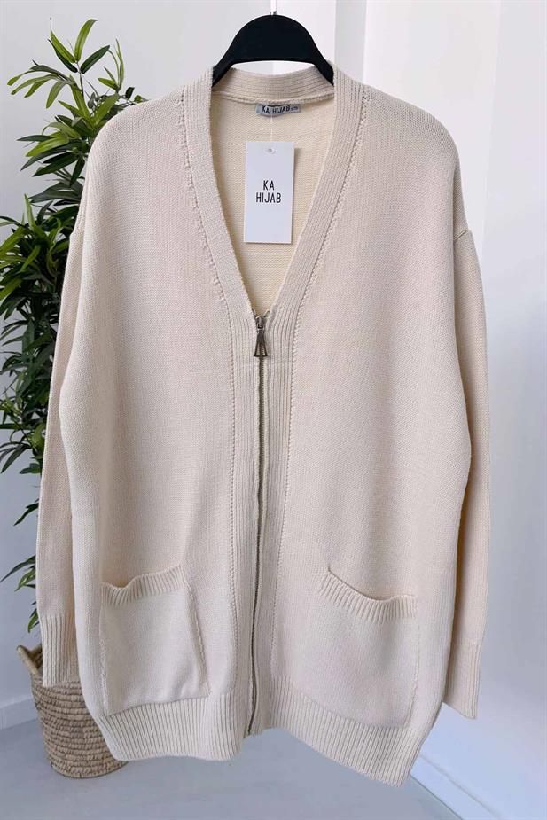 Cepli Fermuarlı Triko Hırka - Bej