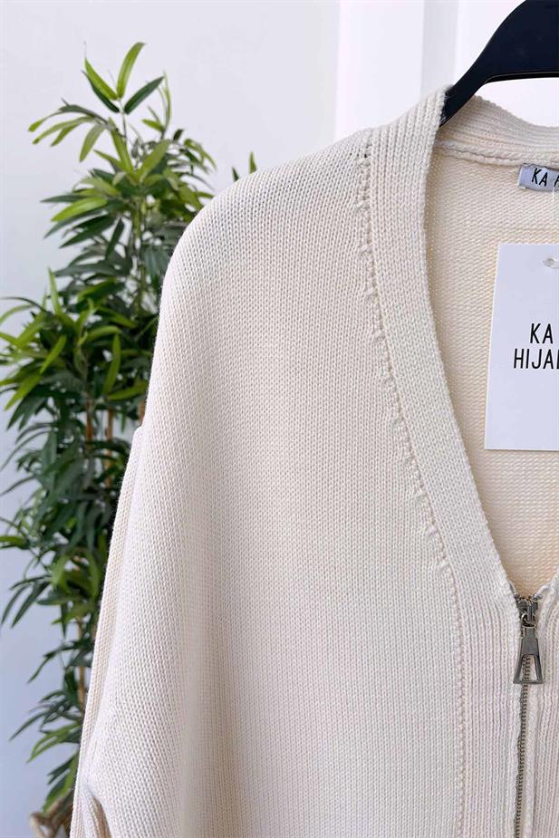 Cepli Fermuarlı Triko Hırka - Bej