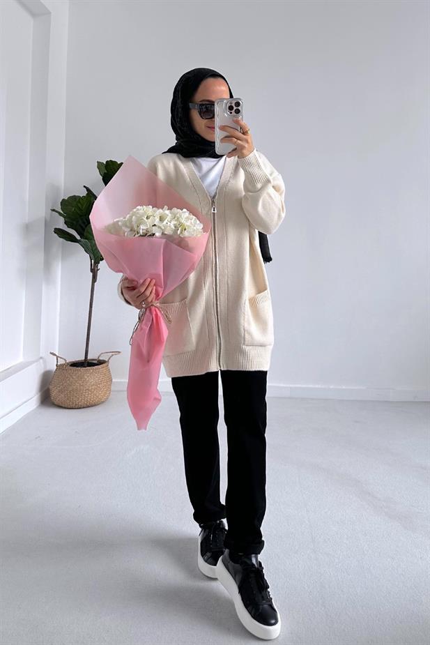 Cepli Fermuarlı Triko Hırka - Bej