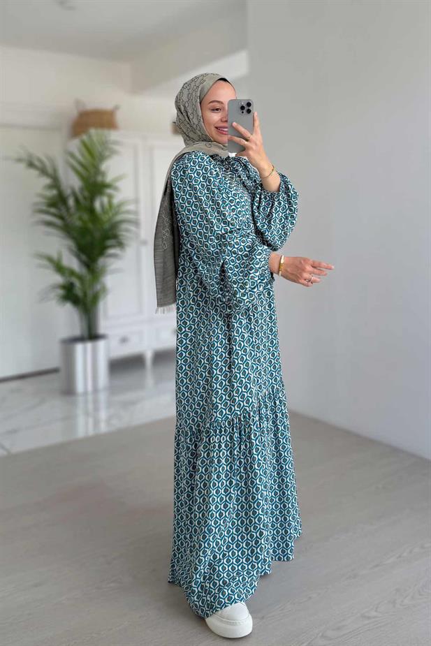 Geometrik Desenli Kuşaklı Elbise - Mavi