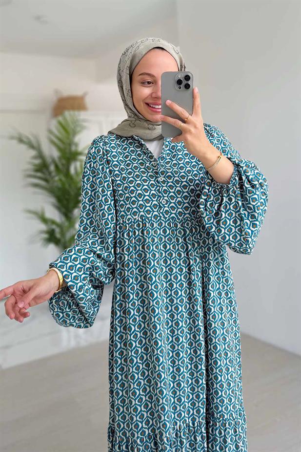 Geometrik Desenli Kuşaklı Elbise - Mavi