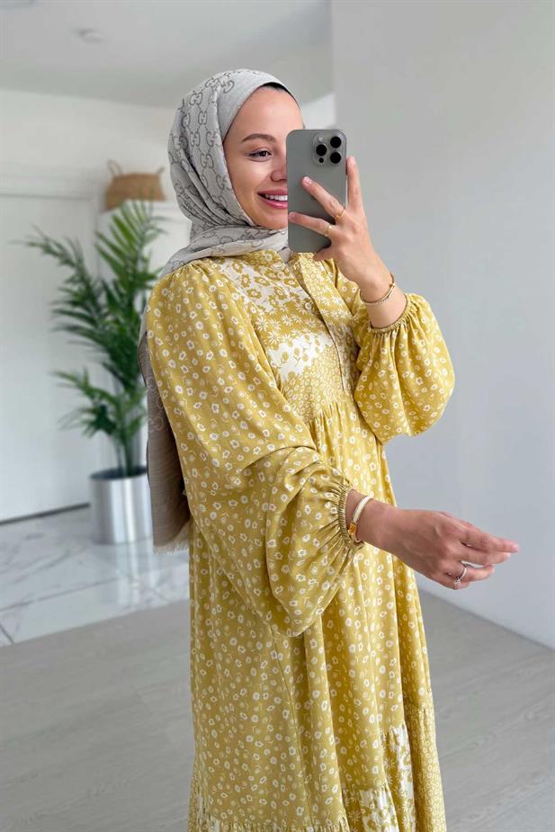 Çiçek Desenli Kuşaklı Elbise - Sarı