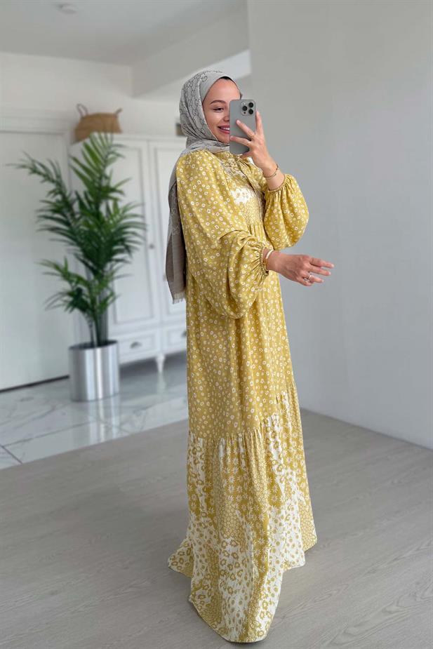 Çiçek Desenli Kuşaklı Elbise - Sarı