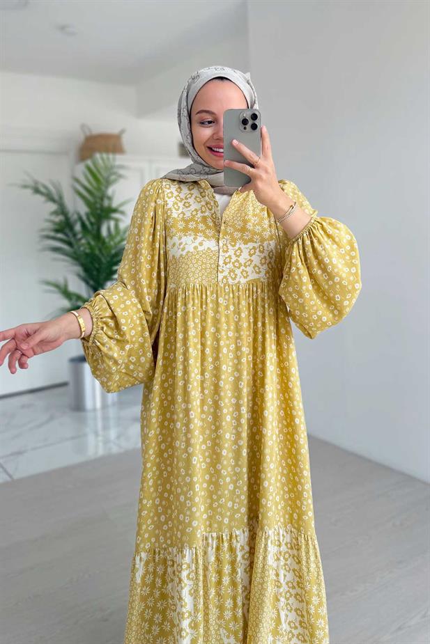 Çiçek Desenli Kuşaklı Elbise - Sarı