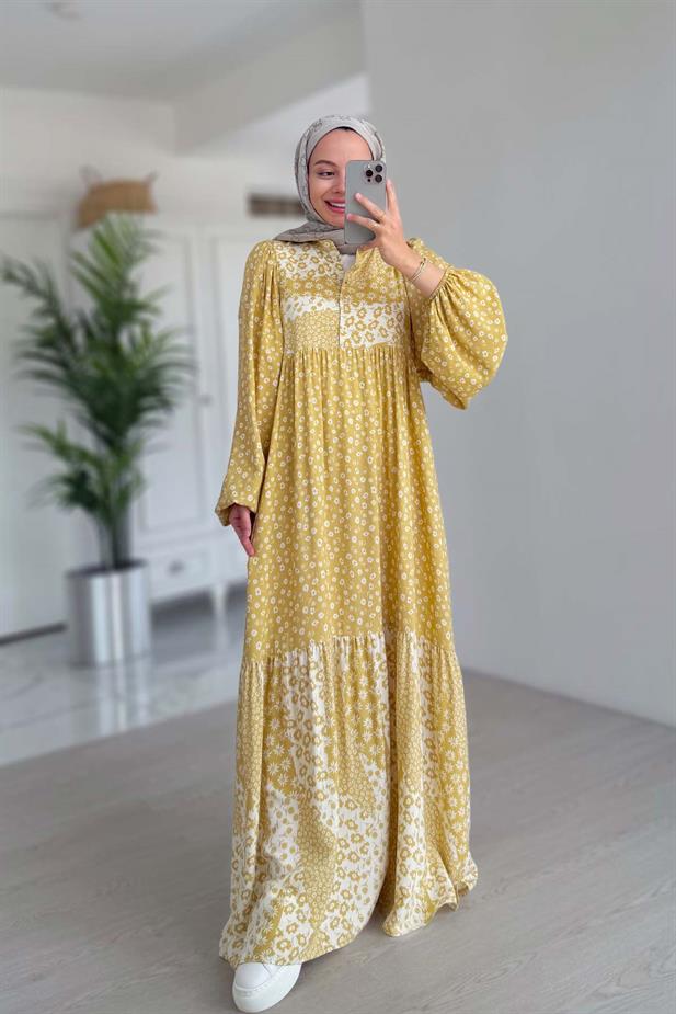 Çiçek Desenli Kuşaklı Elbise - Sarı