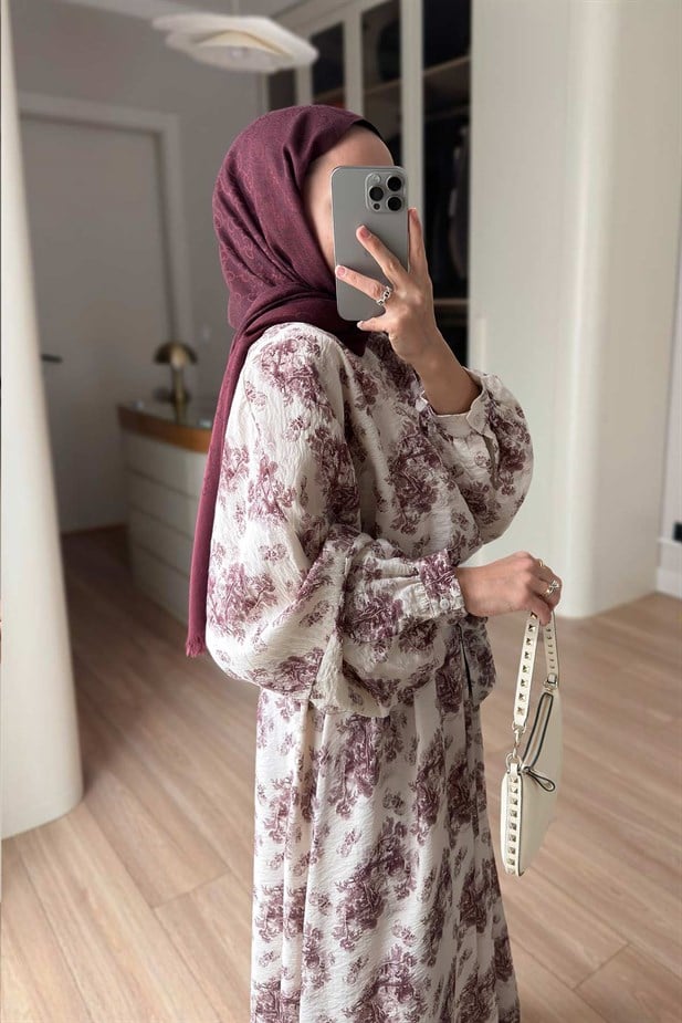 Çiçek Desenli Yarasa Kol Astarlı Elbise - Bordo
