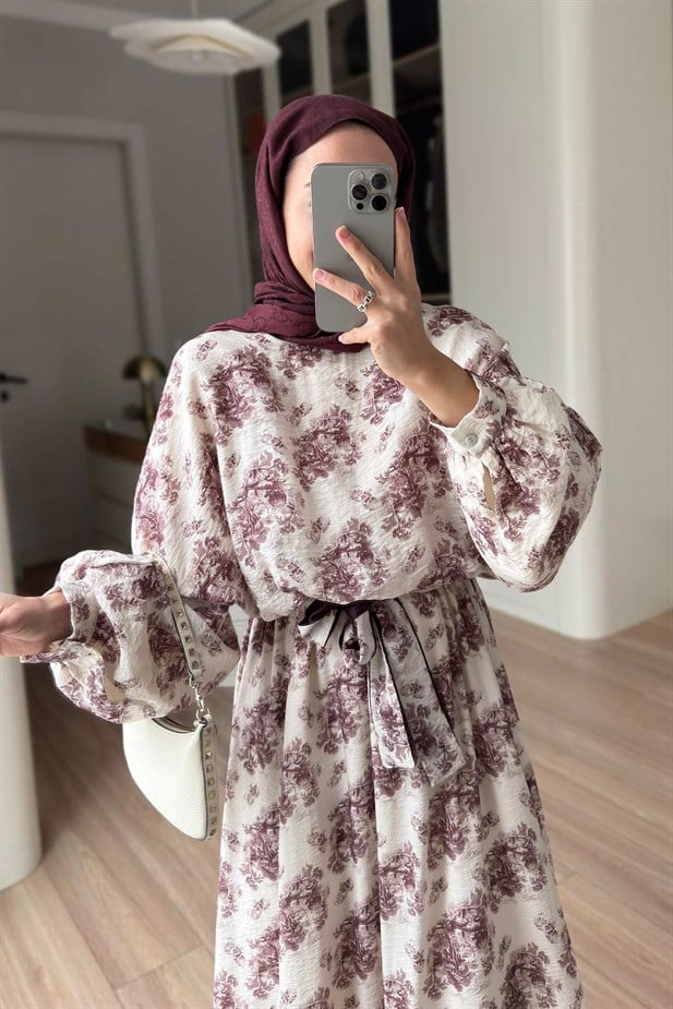 Çiçek Desenli Yarasa Kol Astarlı Elbise - Bordo