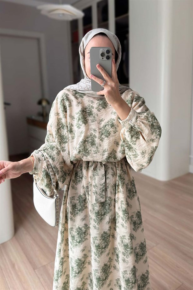 Çiçek Desenli Yarasa Kol Astarlı Elbise - Haki