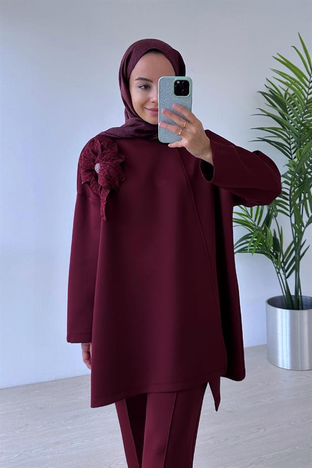 Çiçekli Asimetrik Kesim Scuba Takım - Bordo