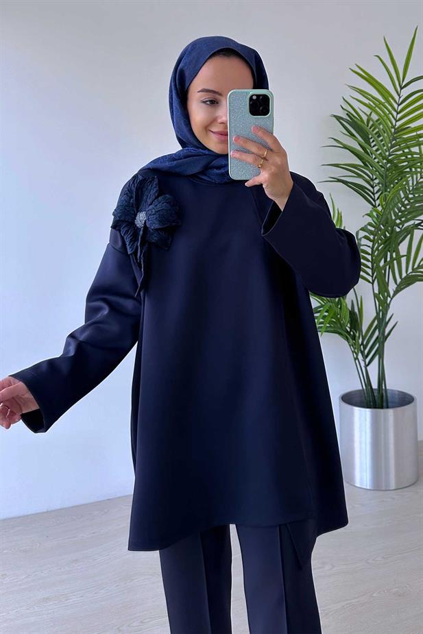 Çiçekli Asimetrik Kesim Scuba Takım - Lacivert