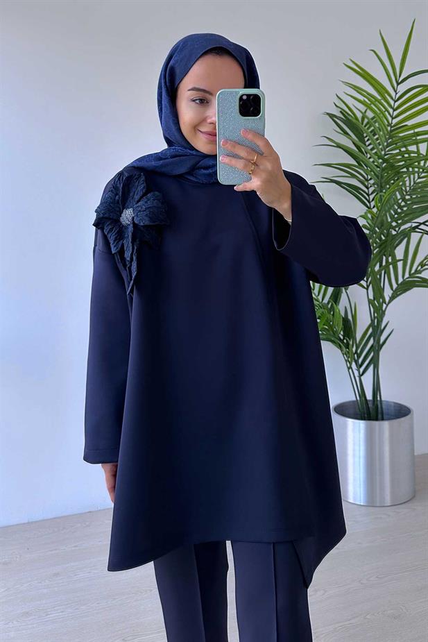 Çiçekli Asimetrik Kesim Scuba Takım - Lacivert