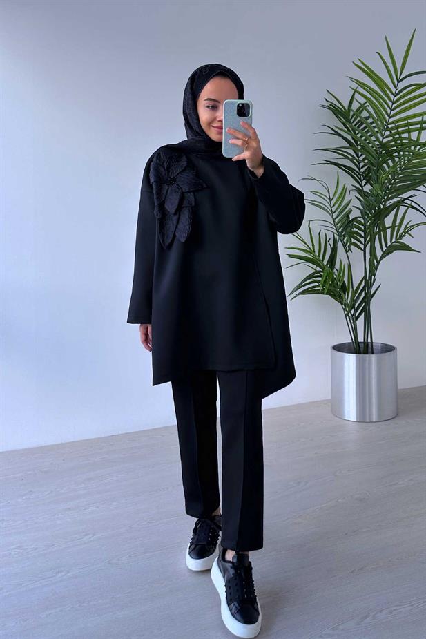 Çiçekli Asimetrik Kesim Scuba Takım - Siyah