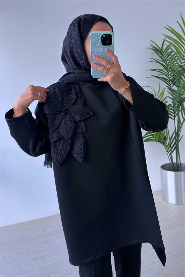 Çiçekli Asimetrik Kesim Scuba Takım - Siyah