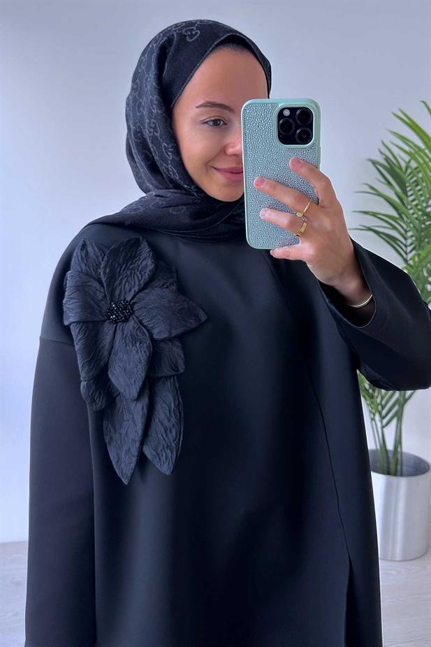 Çiçekli Asimetrik Kesim Scuba Takım - Siyah