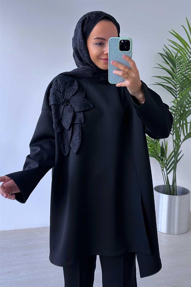 Çiçekli Asimetrik Kesim Scuba Takım - Siyah