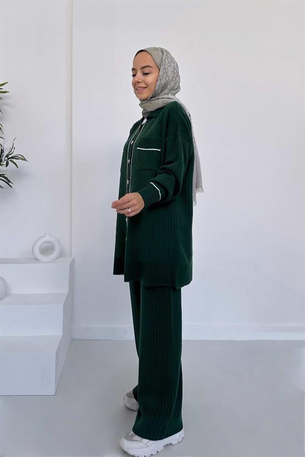 Çift Cep Düğme Detay İkili Triko Takım - Zümrüt