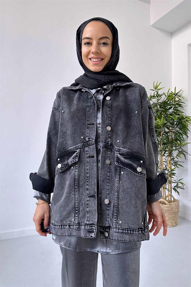Çift Cep Taşlı Kot Ceket - Antrasit