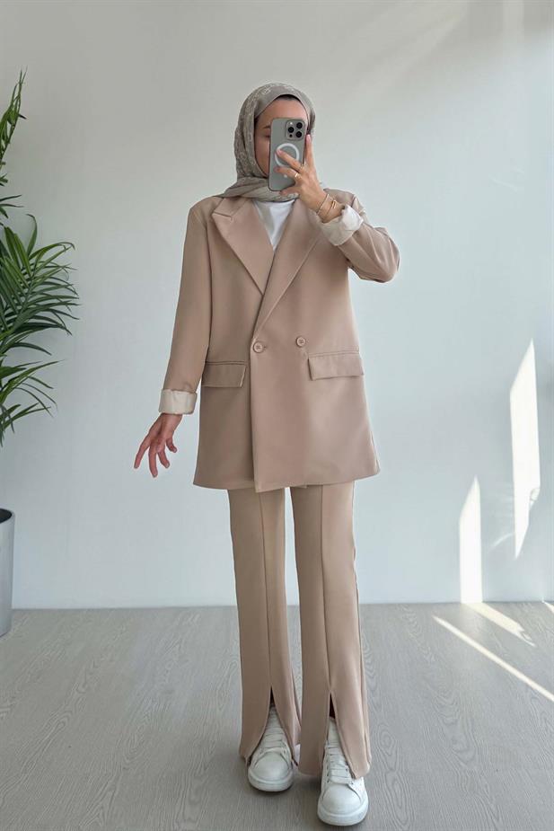 Çift Düğme Astarlı Blazer Ceket - Bej