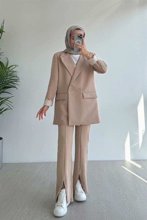 Çift Düğme Astarlı Blazer Ceket - Bej